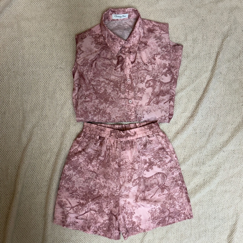 Dior pink iconic animal print silk pajamas set